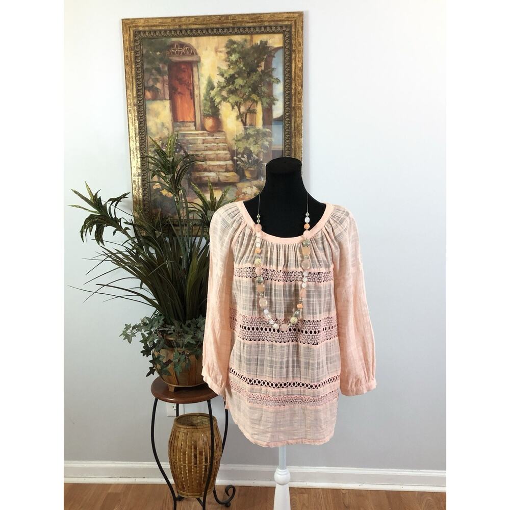 Loft women Blouse Size Medium 3/4 Bell Sleeves Pullover Gauze‎ Lace Tiered Y2K